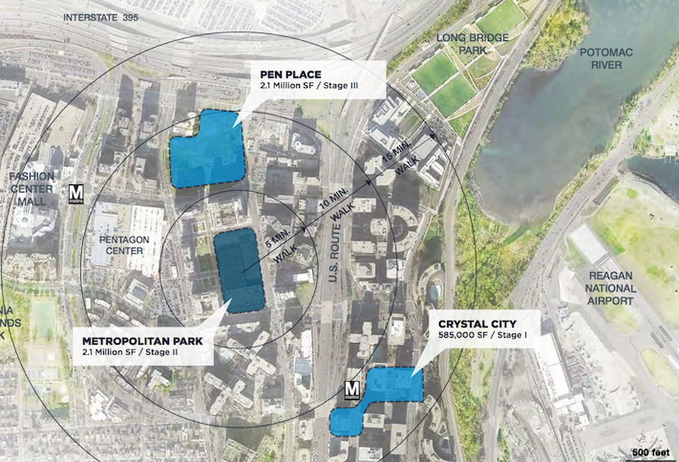 A map showing the proximity between Amazon's leased space in Crystal City and its two phases of new development planned in Pentagon City.