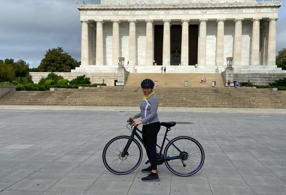Deryl McKissack on a bike ride near the Lincoln Memorial.