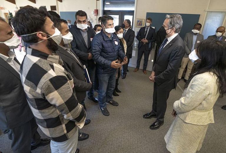 U.S. Secretary of State Anthony Blinken meets with resettled Afghan refugees in Alexandria, Virginia in December, 2021. 