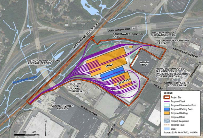 A site plan for WMATA's rail maintenance facility project in Landover