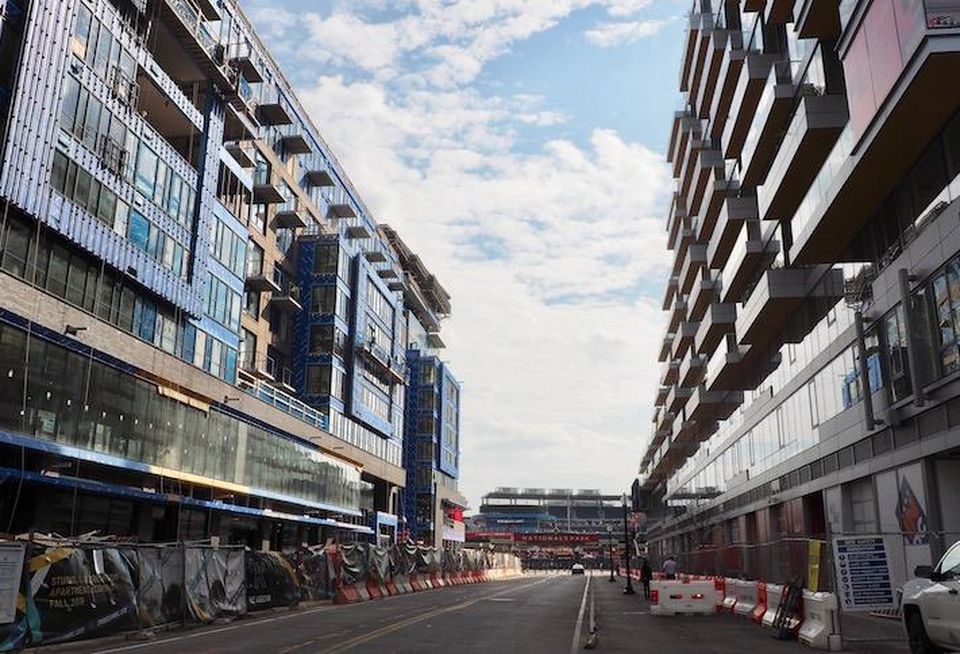 The Half Street corridor leading up to Nationals Park, with Jair Lynch's project on the left and JBG Smith's on the right