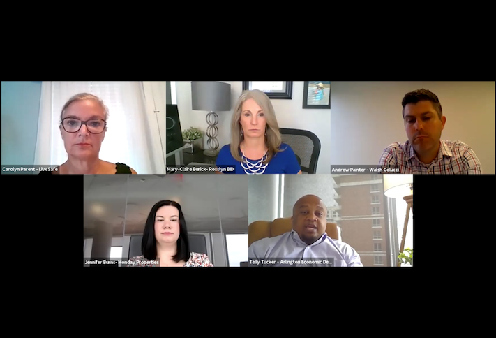 Clockwise from top left: LiveSafe's Carlyn Parent, Rosslyn BID's Mary-Claire Burick, Walsh Colucci's Andrew Painter, Arlington Economic Development's Telly Tucker and Monday Properties' Jennifer Burns. 
