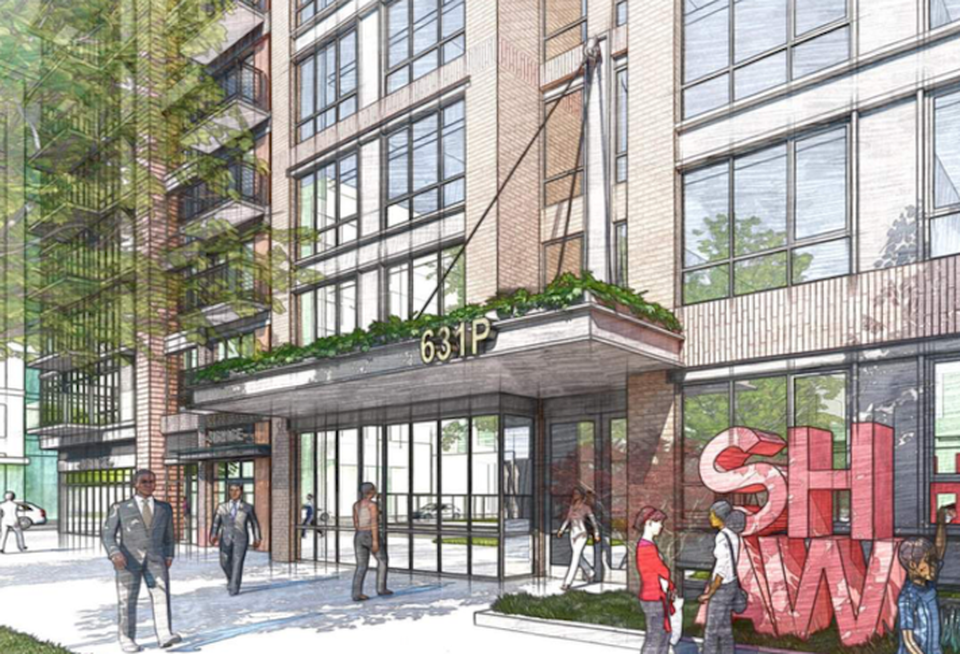 A rendering of the entrance to Trammell Crow's proposed project at 7th and P streets NW. 