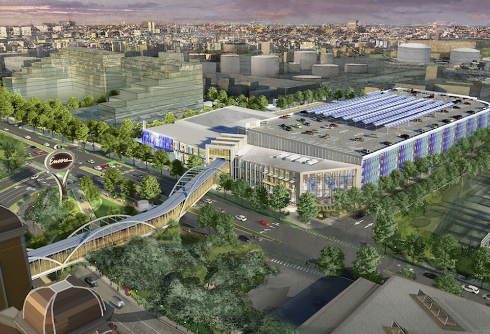 A rendering of the proposed expansion of the Encore Boston Harbor casino in Everett.