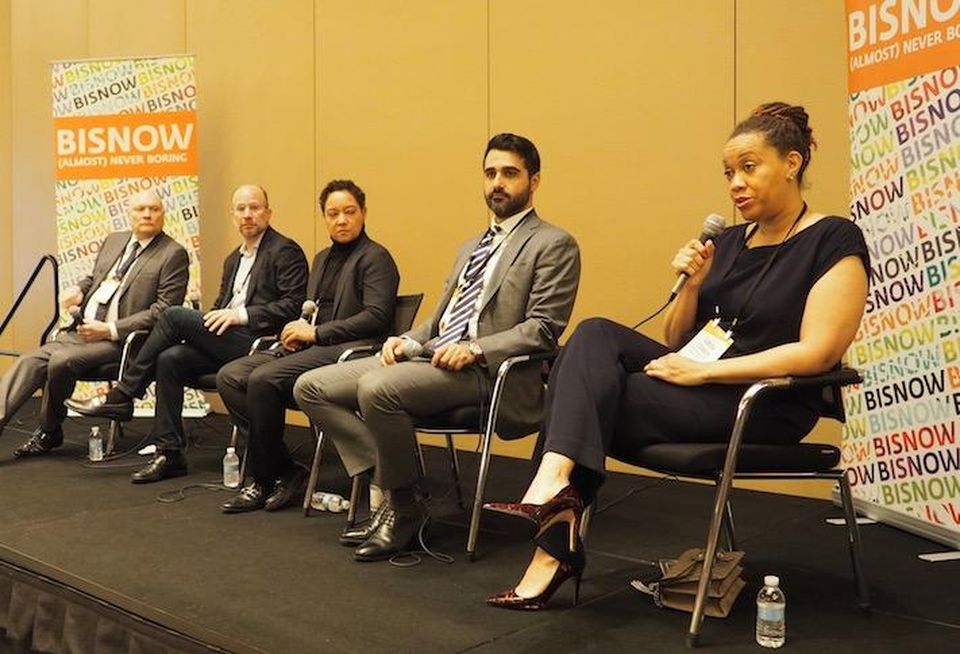 Real Estate Roundtable's Jeff DeBoer, Finmarc's Neil Markus, EB5 Capital's Angelique Brunner, Greysteel's Ari Firoozabadi and Amalgamated Bank's Carisa Stanley at a December Bisnow event.