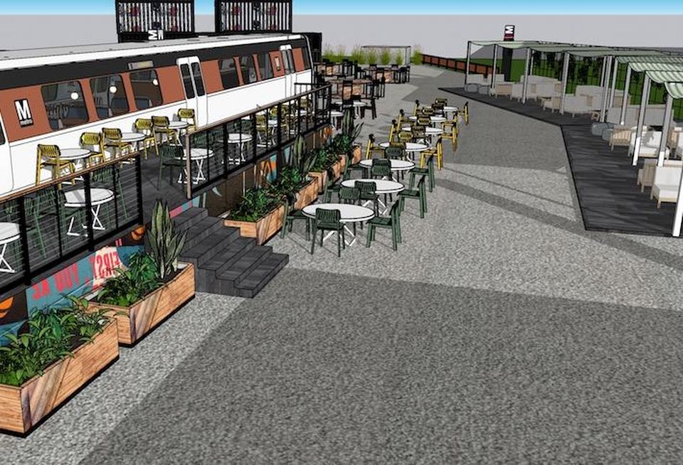 A rendering of Metrobar, an outdoor venue using an old Metro car on Rhode Island Avenue NE.
