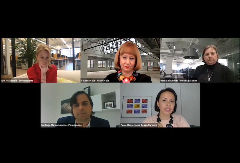 Clockwise from top left: Environments' Erin McDannald, Hickok Cole's Yolanda Cole, Perkins Eastman's Barbara Mullenex, Moya Design Partners' Paola Moya and Porcelanosa USA's Santiago Manet Alonso. 