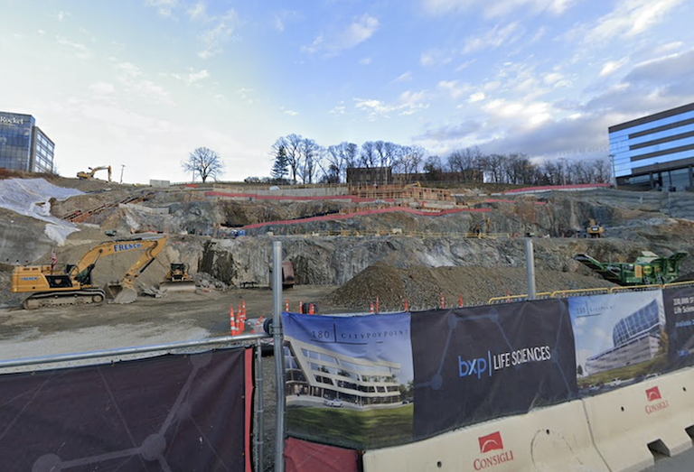 Construction site for Boston Properties' 180 CityPoint lab-and-office building.