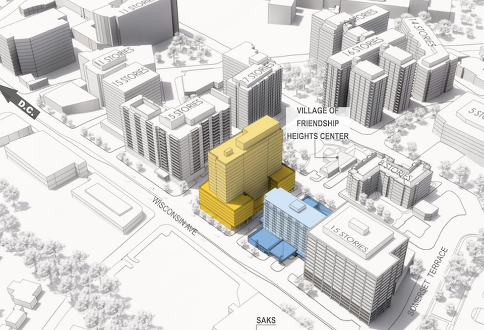 A rendering of Wisconsin Avenue showing the planned 18-story multifamily tower in yellow and the existing hotel in blue.