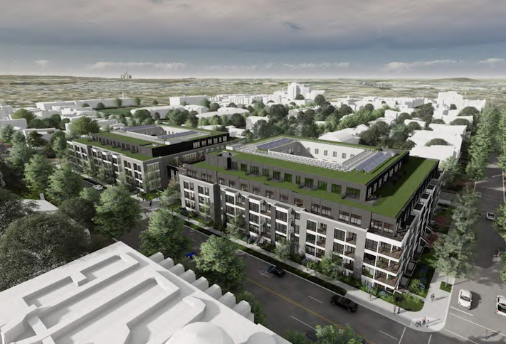 An aerial rendering of MidCity's project at 1200 5th St. NW. 