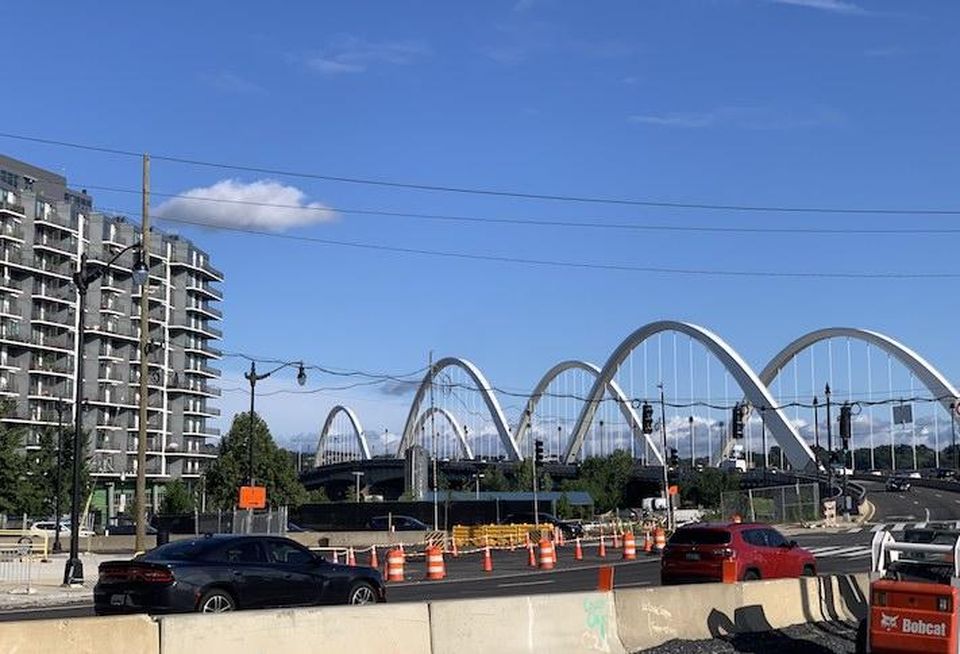 The new Frederick Douglass Memorial Bridge, stretching across the Anacostia River on South Capitol Street.