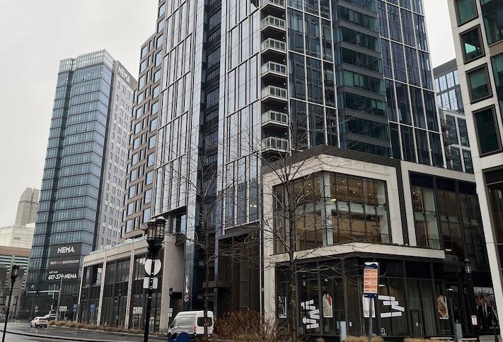 Multifamily buildings in the Seaport neighborhood, including the NEMA apartment building on the left. 