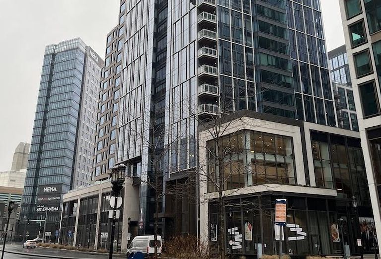 Multifamily buildings in the Seaport neighborhood, including the NEMA apartment building on the left. 