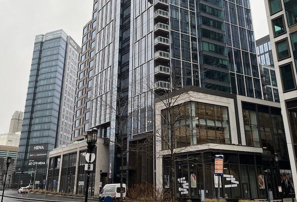 Multifamily buildings in the Seaport neighborhood, including the NEMA apartment building on the left.