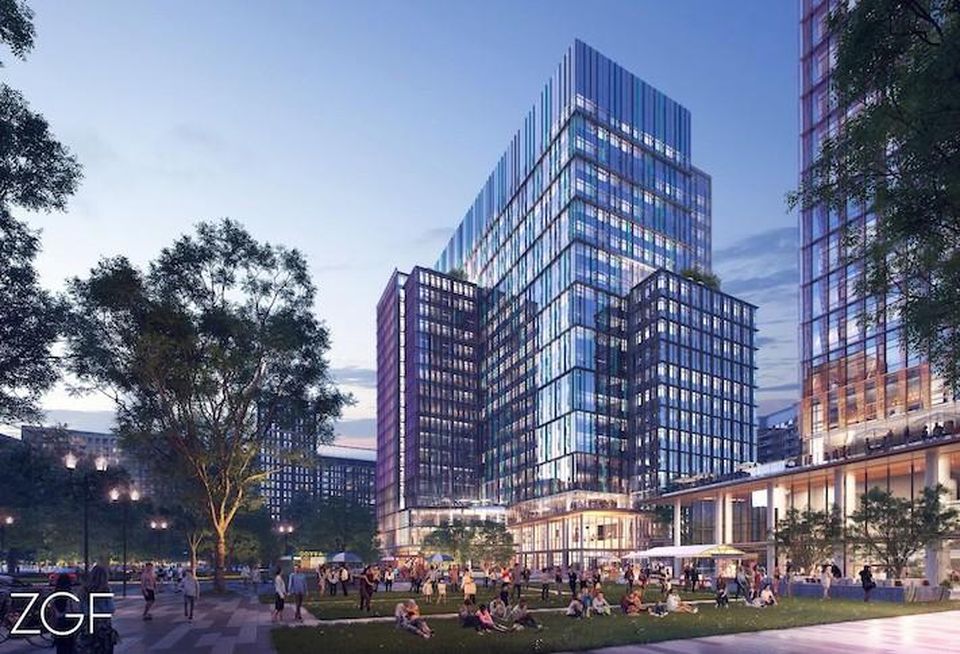 A rendering of the new Amazon HQ2 buildings at the Metropolitan Park site in Pentagon City