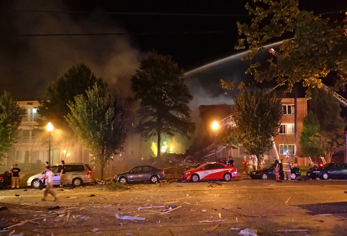 The scene of the Flower Branch Apartment Complex explosion on Aug. 11, 2016