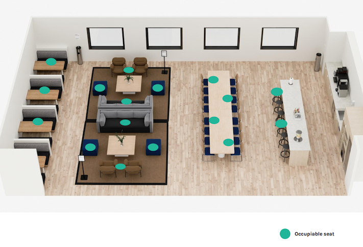An example of a WeWork lounge area with the dots representing where people can sit under new social distancing measures. 