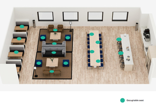 An example of a WeWork lounge area with the dots representing where people can sit under new social distancing measures. 