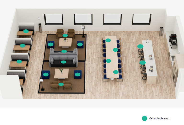 An example of a WeWork lounge area with the dots representing where people can sit under new social distancing measures. 