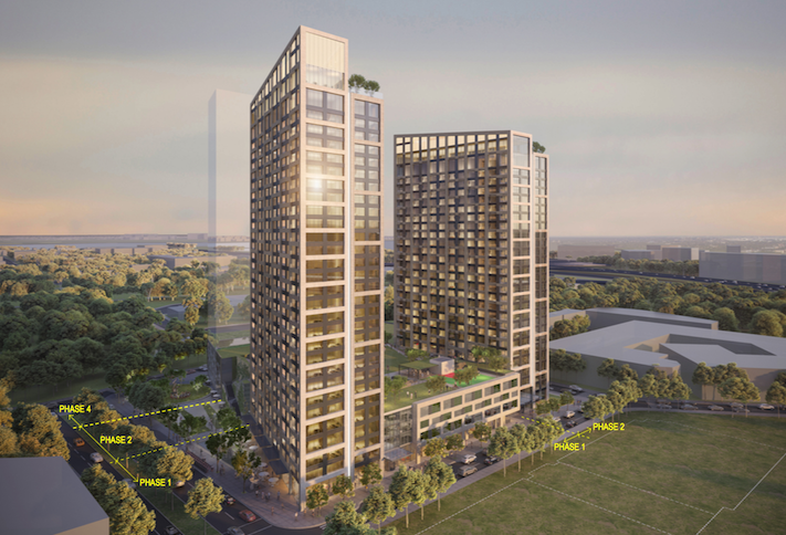 A rendering of the 30- and- 28-story multifamily towers planned on the northern portion of JM Zell's Carlyle Park development. 