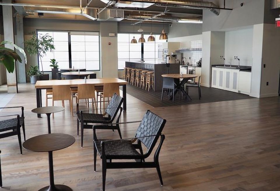 The kitchen and lounge area in coworking space The Mark at the Wonder Bread Factory building.