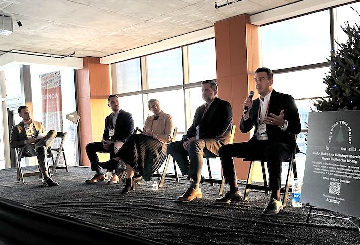 Stream Realty's Matt Pacinelli, The Mark's Artur Samofalov, Brookfield's Rachel Wachtel, Launch Workplaces' Mike Kriel and WeWork's Nick Demarinis at Bisnow's Redefining the Office of the Future event in December. 