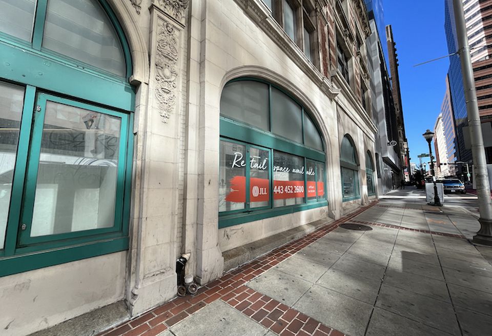Vacant retail space at 125 East Baltimore St. located down the street from new apartments at 10 Light St. and 1 Light St, which also has the first offices built north of Pratt Street in decades.
