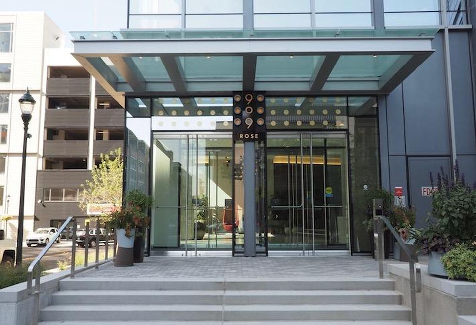 The entrance to the 909 Rose office building at the Pike & Rose development.