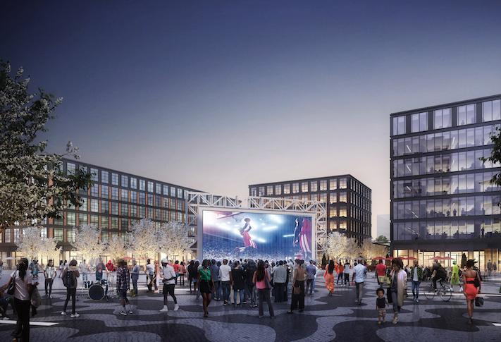 A rendering of the public plaza in the mixed-use town square Redbrick has planned for St. Elizabeths East