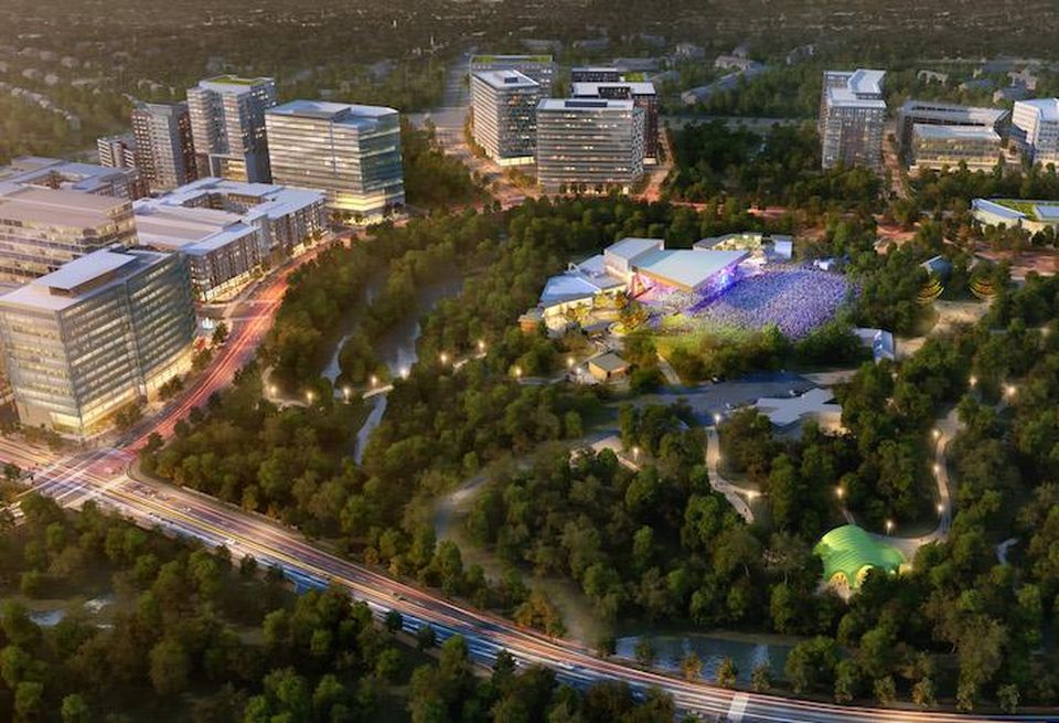 A rendering of the Merriweather District development planned around the Merriweather Post Pavilion