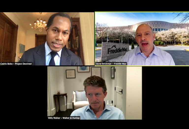 Project Destined's Cedric Bobo, Freddie Mac's David Brickman and Walker & Dunlop's Willy Walker on Bisnow's webinar Tuesday. 
