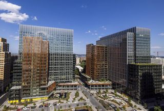 The two new office towers in the Met Park development, the first phase of Amazon HQ2. 