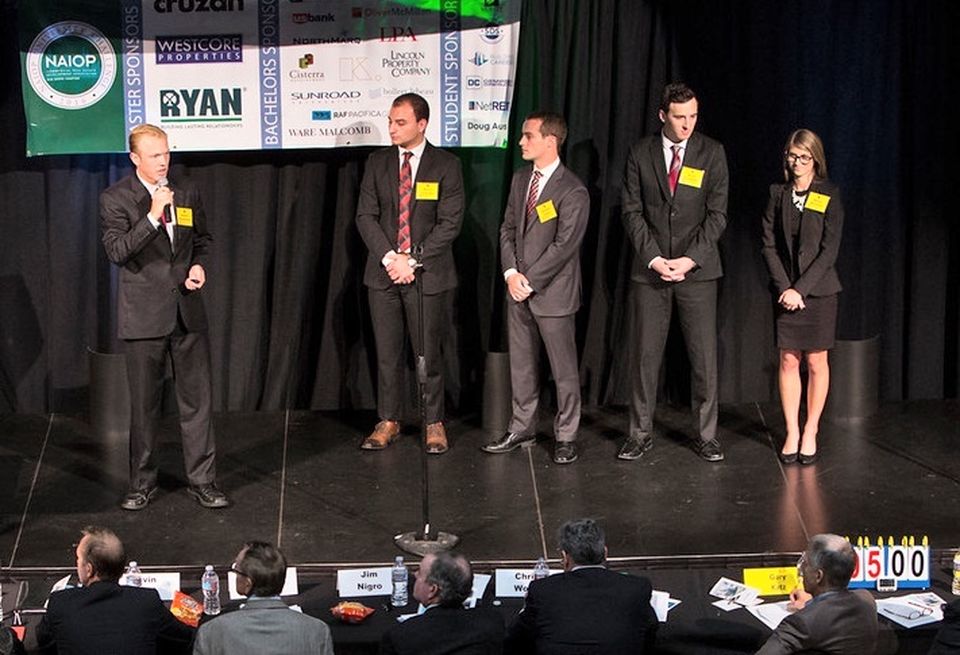 Pictured here are SDSU team members participating in the NAIOP San Diego University challenge (l-r): Andrew Rosenkranz (at mic), Marco Vaticano, Dominic Chanes, Jay Javeed and Marisa Merchant.