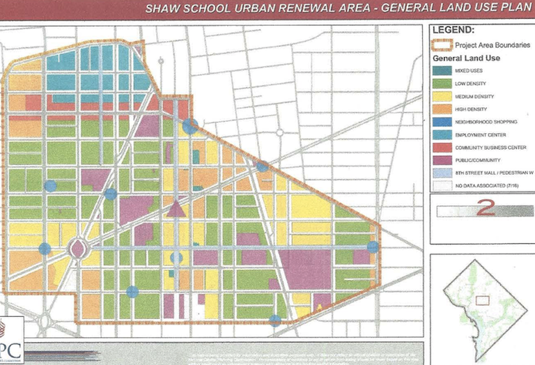 A map showing the Shaw School Urban Renewal area and the land-use categories for each block. 
