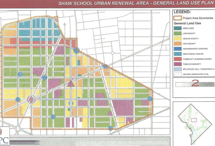 A map showing the Shaw School Urban Renewal area and the land-use categories for each block. 