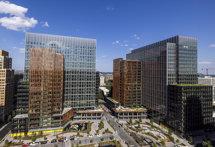 The two new office towers in the Met Park development, the first phase of Amazon HQ2. 