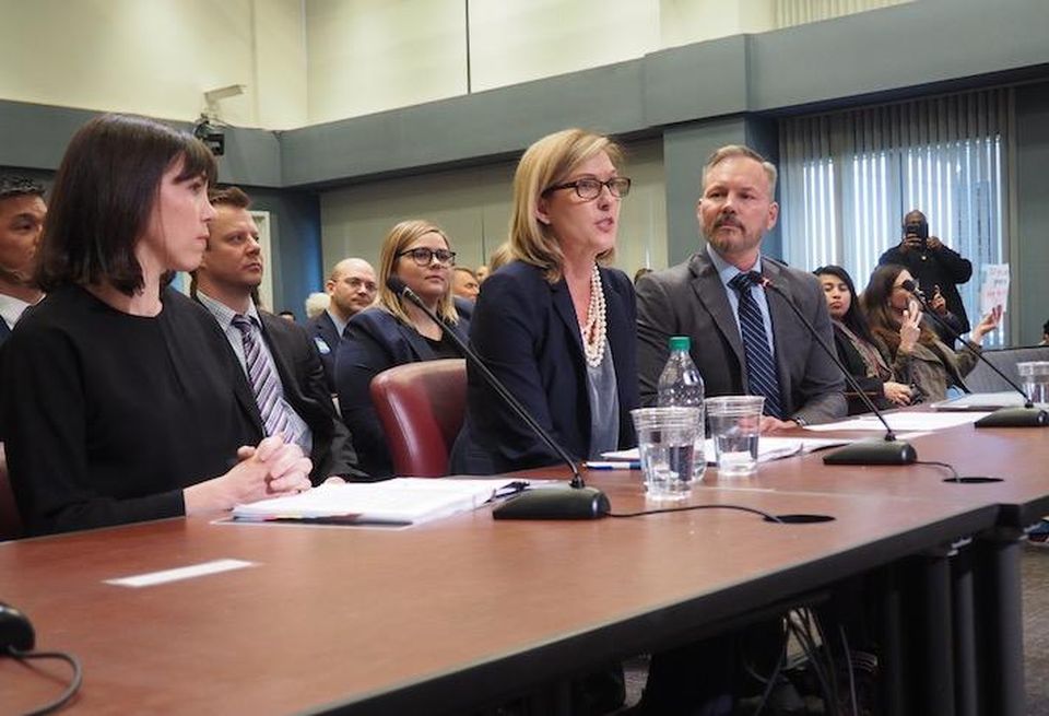 Amazon's Holly Sullivan, Brian Huseman and Andrea Fava speaking at the Arlington County board hearing
