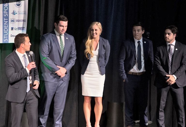 University of San Diego team members participating in the NAIOP San Diego University challenge are (l-r): Hunter Ainslie, Gus Avarello, Allan Glenn, Lloyd Hoppel and Marisa Marsh (not pictured Shawn Bharadwaj).