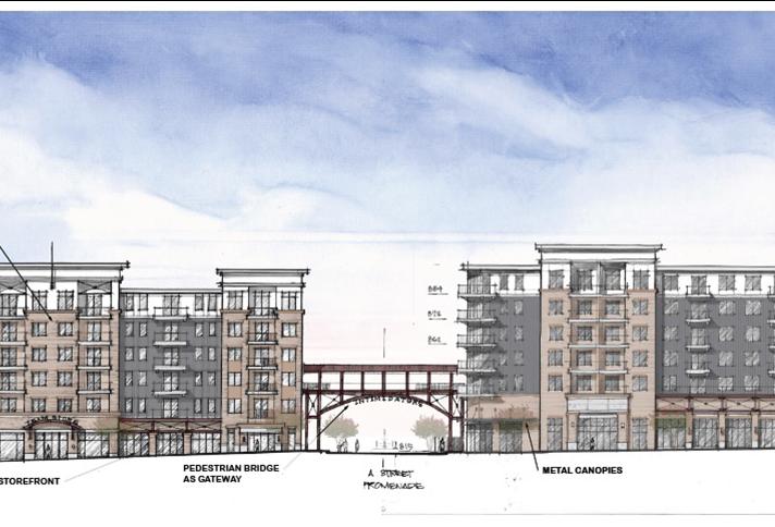 A proposal from Corporate Realty, Inc. would bring to downtown Kannapolis apartments, retail, restaurants, offices and a pedestrian bridge.
