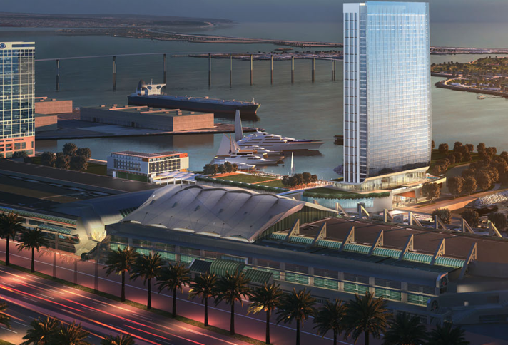 This photo shows the proximity of Fifth of the Fifth Avenue Landing convention center hotel to the San Diego Convention Center.