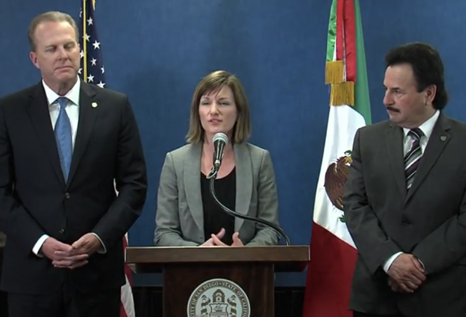 San Diego mayor Kevin L. Faulconer, Nikia Clarke and Tijuana mayor Juan Manuel Gastélum,