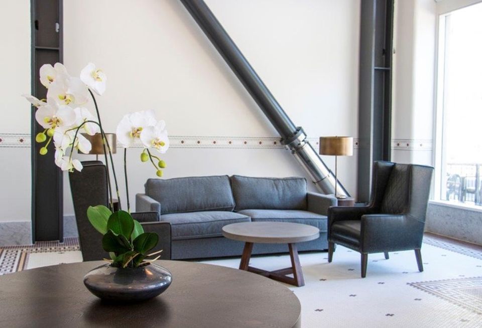 Shown is the Hotel Churchill lobby with a viscous damper along the wall, Viscous dampers act like a sort of shock absorber during an earthquake.