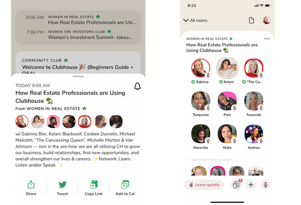 Screenshots of the Clubhouse App showing a room held Tuesday by Women in Real Estate titled