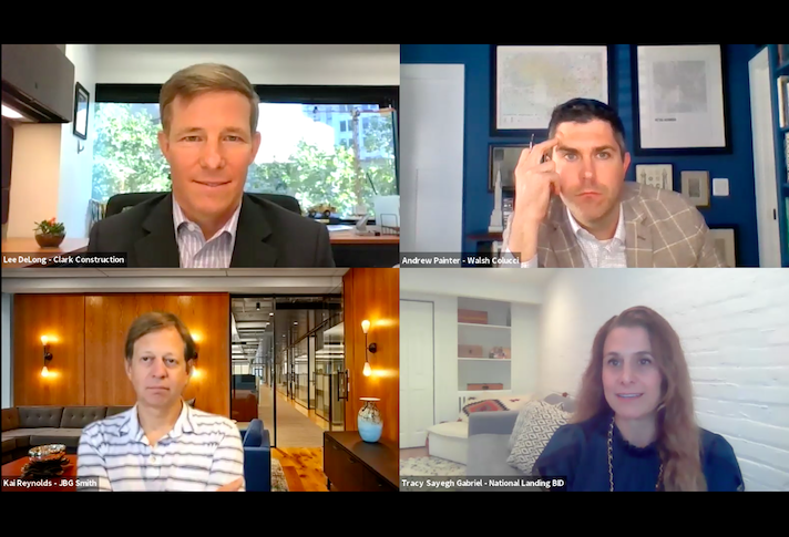 Clockwise from top left: Clark Construction's Lee Delong, Walsh, Colucci's Andrew Painter, National Landing BID's Tracy Gabriel and JBG Smith's Kai Reynolds.