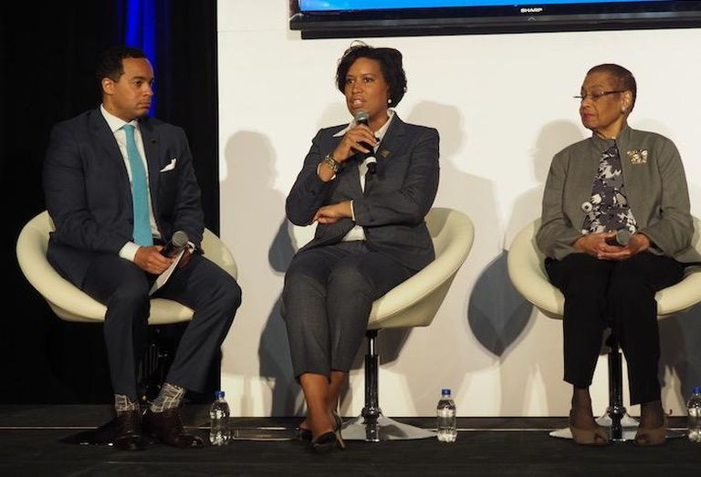 Deputy Mayor Brian Kenner, Mayor Muriel Bowser and Del. Eleanor Holmes Norton