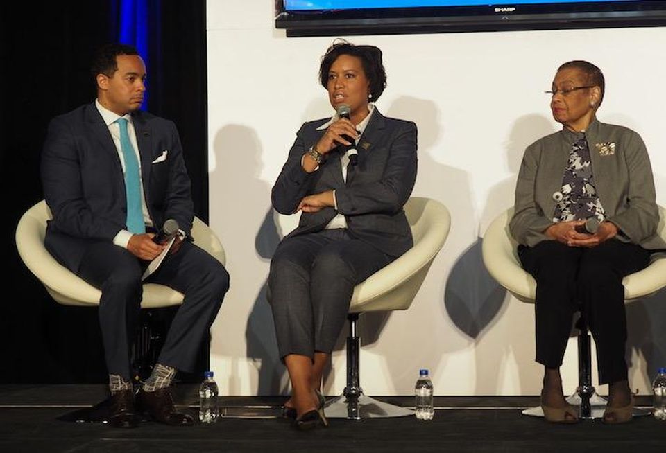 Deputy Mayor Brian Kenner, Mayor Muriel Bowser and Del. Eleanor Holmes Norton
