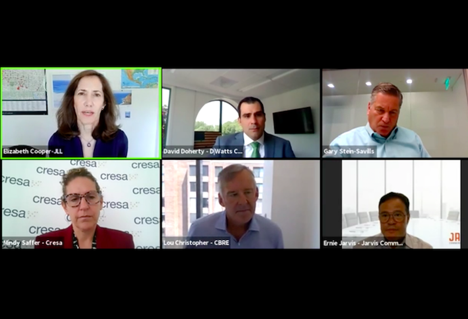 Clockwise from top left: JLL's Elizabeth Cooper, D | Watts Construction's David Doherty, Savills' Gary Stein, Jarvis CRE's Ernie Jarvis, CBRE's Lou Christopher and Cresa's Mindy Saffer.