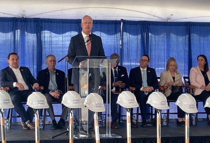 HYM founding partner and managing director Tom O'Brien speaking at the Suffolk Downs groundbreaking. 