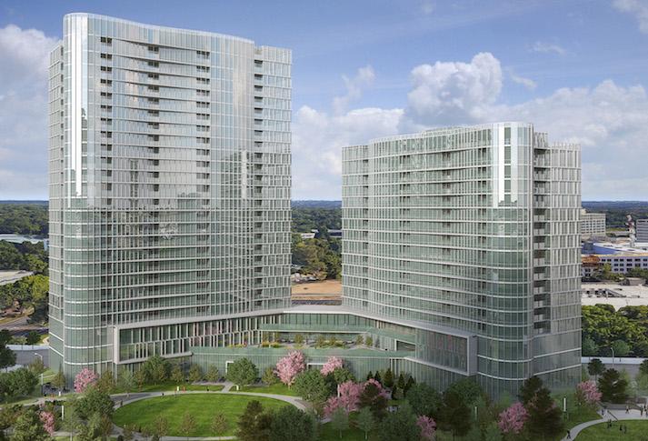 A rendering of The Mather, a Tysons senior living project with towers of 27 and 18 stories