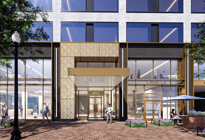 A rendering of the renovated entrance to 1899 L St. NW, where investor Taicoon is putting millions into upgrades. 